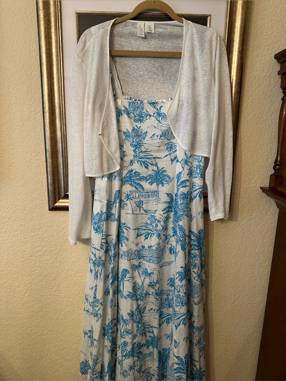 Joie White Midi Dress with Blue Toile Print and White Bolero size 10